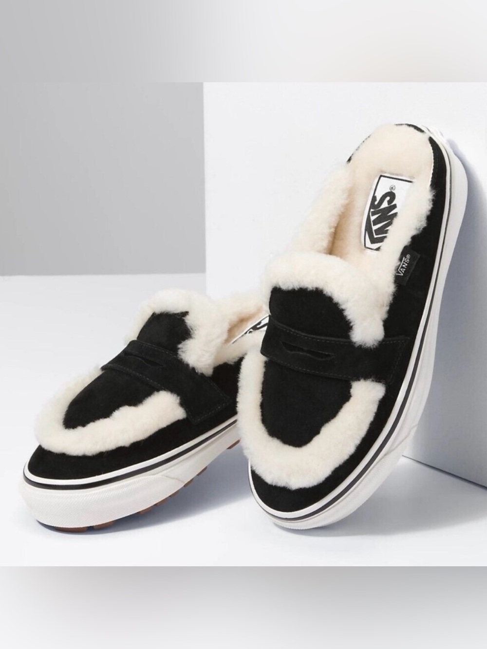Vans Black Suede Shearling-Lined Mules